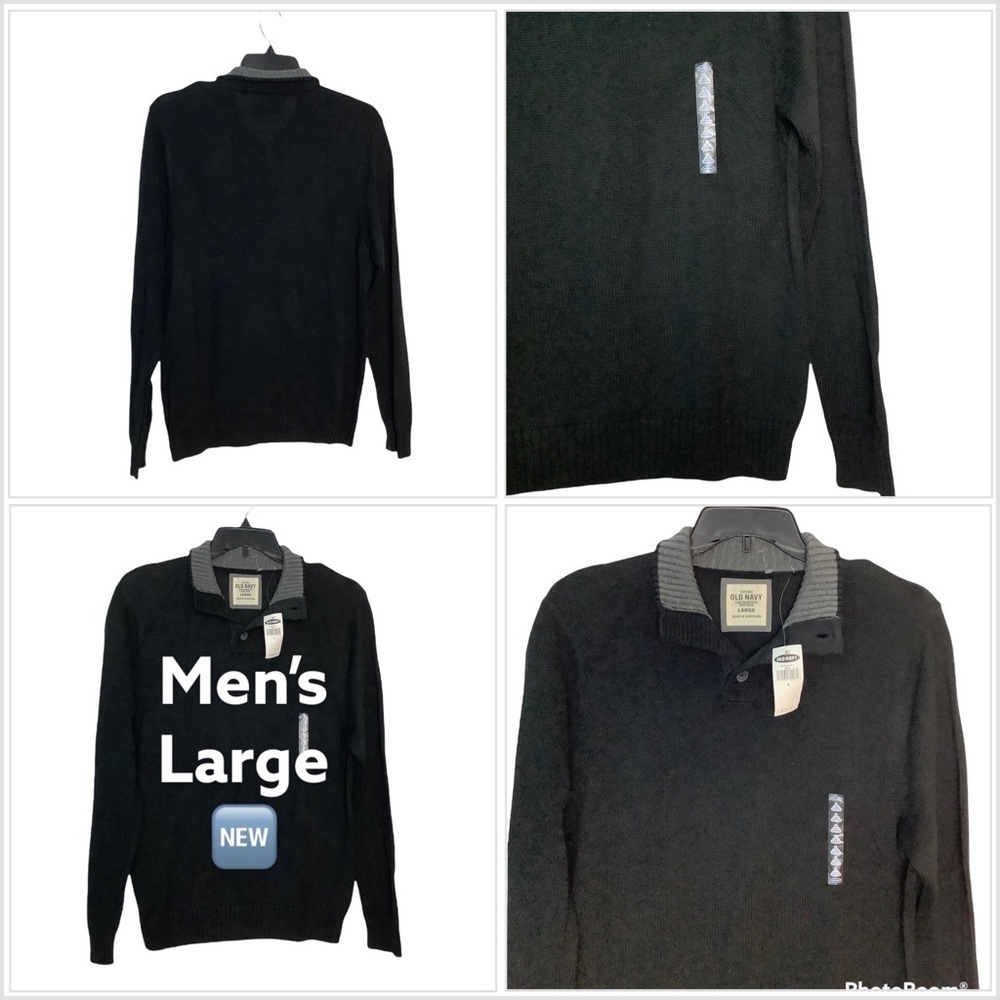Men's Old Navy L Large 42 - 44 Quarter 1/4 Button Sweater Black Long Sleeve NWT
